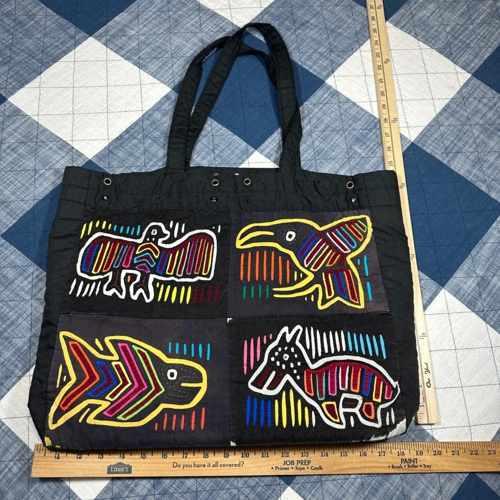 Vintage Mola Applique Tote Bag Handcrafted Folk Art Animal Bird Black Cotton